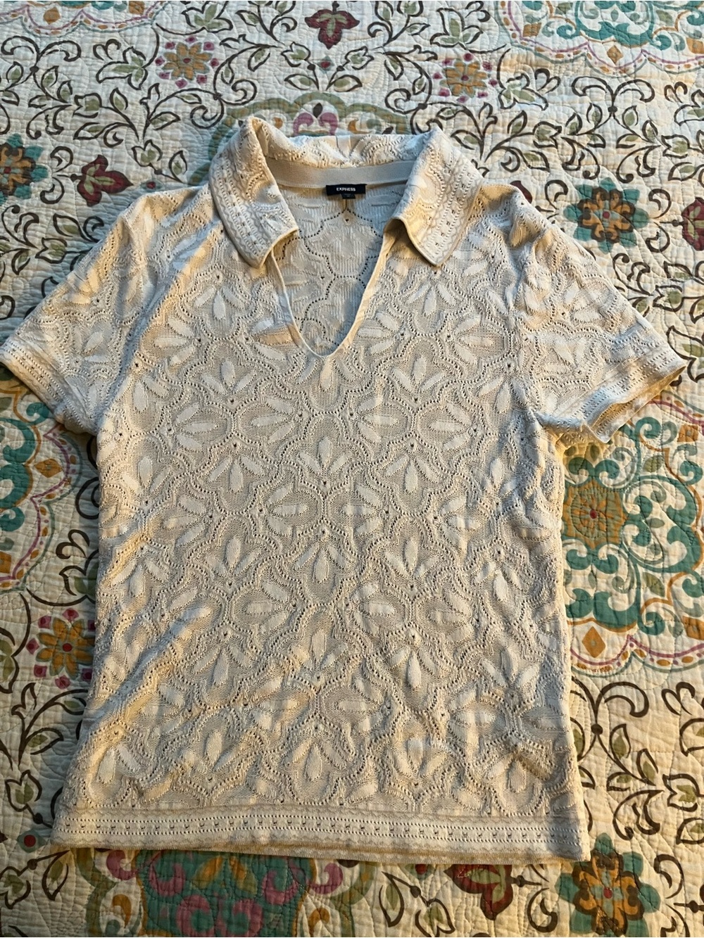 Express Cream Knit Lace Polo Top